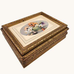 VTG Trinket Jewelry Box Carved Wood Mirror Interior Glass Top Gold Tone 8X6X2.5"